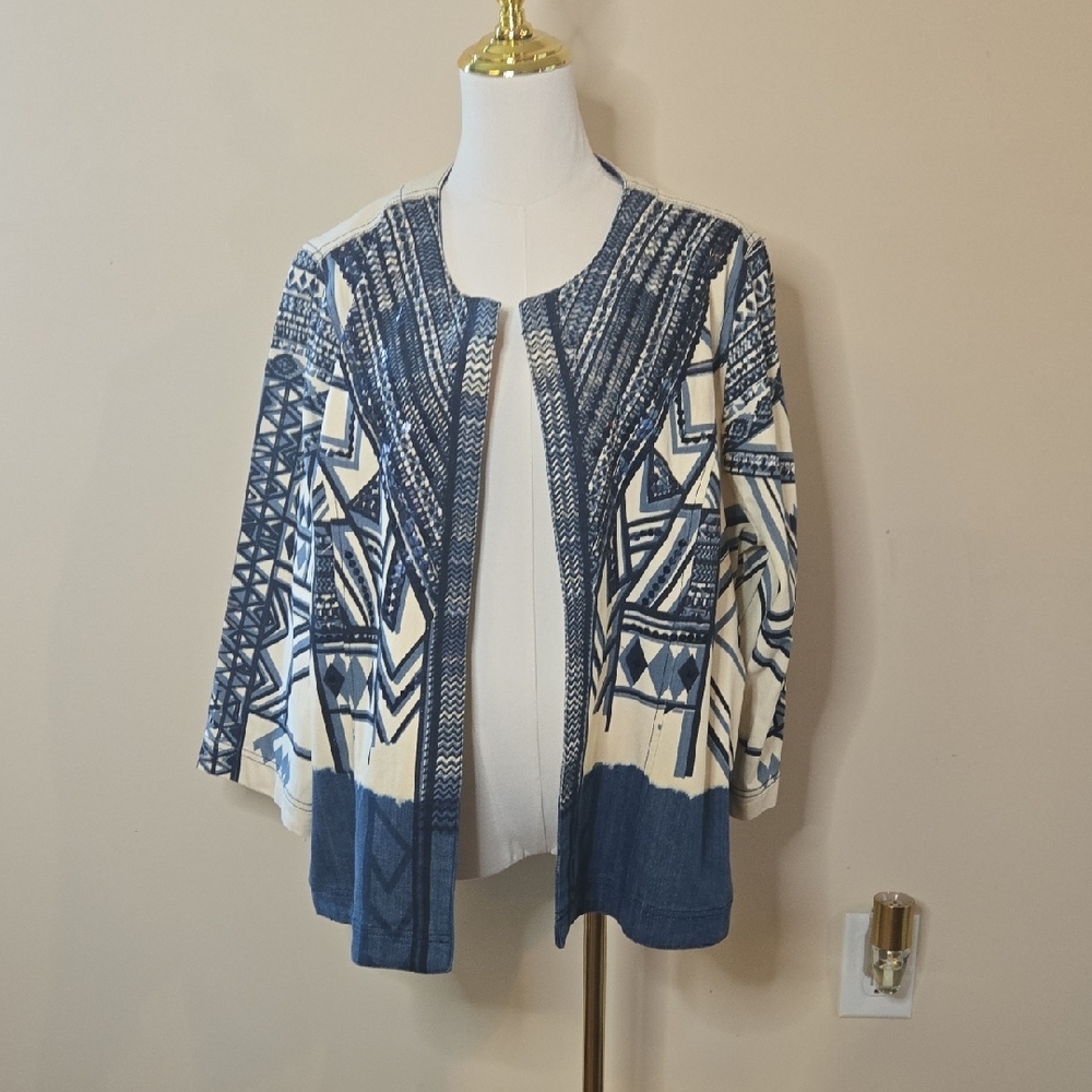 Chico's Blue Cream Jean Jacket w Geometric Sequin Design Boho Western Statement - Picture 2 of 6